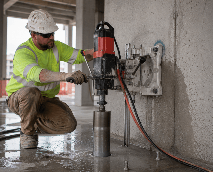 Diamond Products CoreBore motor mounted on a core drill stand drilling through a concrete slab