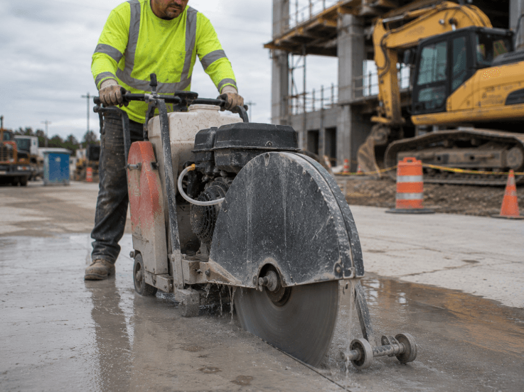 CoreCut Diamond Products concrete saw cutting through a concrete slab on a construction site