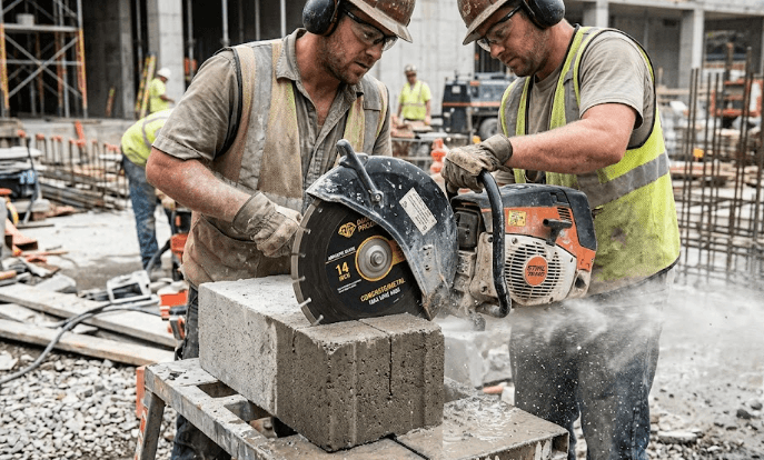 Diamond Products abrasive cutting wheel slicing through steel rebar during construction work