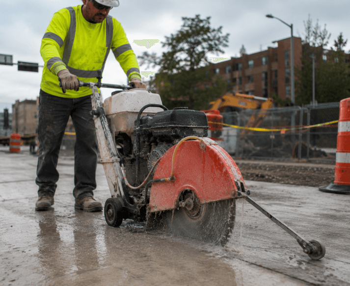 CoreCut concrete saw cutting an asphalt roadway during construction work