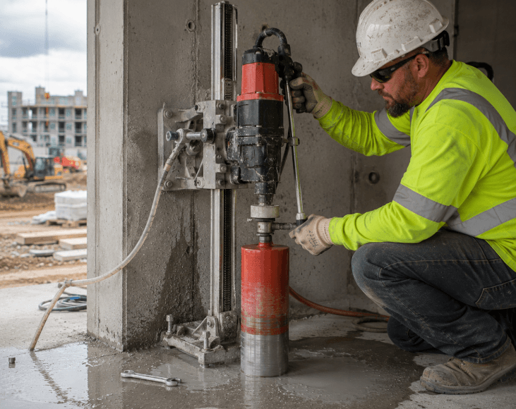 Diamond Products CoreBore core drill motor drilling a precise hole through a concrete wall