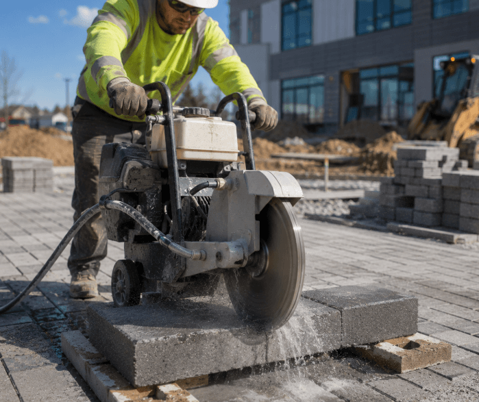 Diamond Products block saw cutting masonry pavers with water dust control system